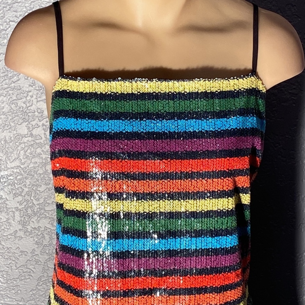 WAYF - NWT - dress: 🌈 striped sequin overlay mini w adj. straps, blk lining - L - Picture 3 of 16